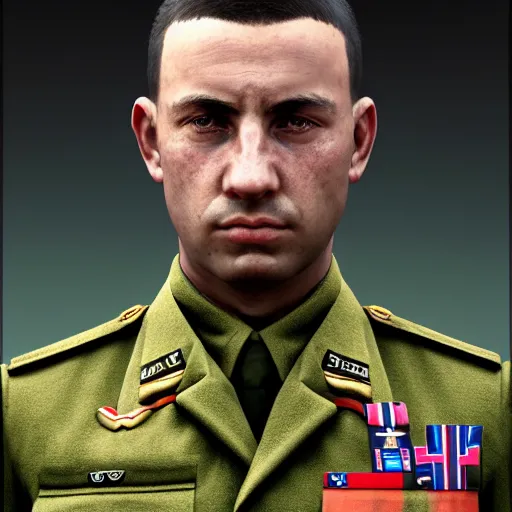 Image similar to A Hearts of Iron IV portrait of a soldier. Highly detailed, fine Art, high detail, great lighting, 8k resolution, masterpiece, concept art, illustration, clear eyes, painting oil on canvas, octane render, HDR, trending on artstation, 4k, 8k, HD