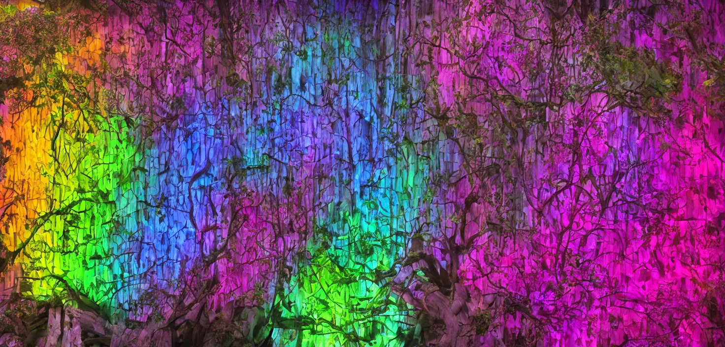 Image similar to Huge flowers growing on tree trunks and holes in buildings, deep colors, rainbow, vivid, brilliant, colored, bright, polychromatic, glowing neon, geometric, dark, mist Art of Illusion, Artrift, finalRender, Flickr, IMAX, Polycount, r/Art, shadow depth, Sketchfab, Sketchlab, Substance Designer, VRay, depth of field, subtractive lighting