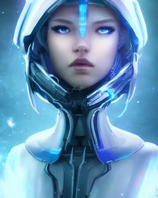 Image similar to perfect android girl on a mothership, warframe armor, beautiful face, scifi, futuristic, galaxy, nebula, raytracing, dreamy, long white hair, blue cyborg eyes, sharp focus, cinematic lighting, highly detailed, artstation, divine, by gauthier leblanc, kazuya takahashi, huifeng huang