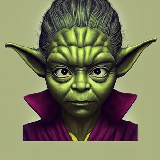 Prompt: yoda, female, jedi master, wearing the traditional jedi robe, beautiful and uniquely odd looking, detailed symmetrical close up portrait, intricate complexity, in the style of artgerm and ilya kuvshinov, magic the gathering, star wars art,