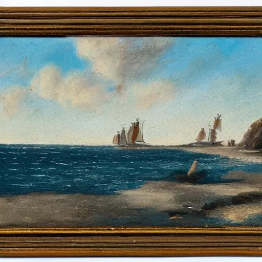 Image similar to A coast with sand and small rocks with a blue sky and a troubled sea and an old sailing ship on the horizon and in the sky is a flock of birds flying southwards, painted in oil colours