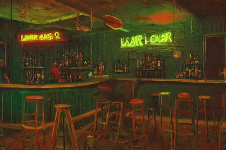 Image similar to scene from louisiana swamps, bar, neon cross, voodoo, artwork by tim eitel