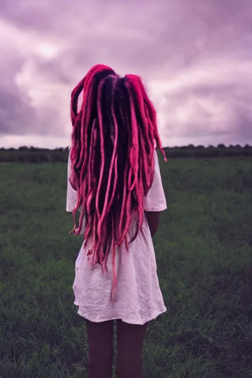 Prompt: kodak ultramax 4 0 0 photograph of a girl with long pink dreads standing in a field, stormy clouds, wicked clouds, big clouds, back view, grain, faded effect, vintage aesthetic,