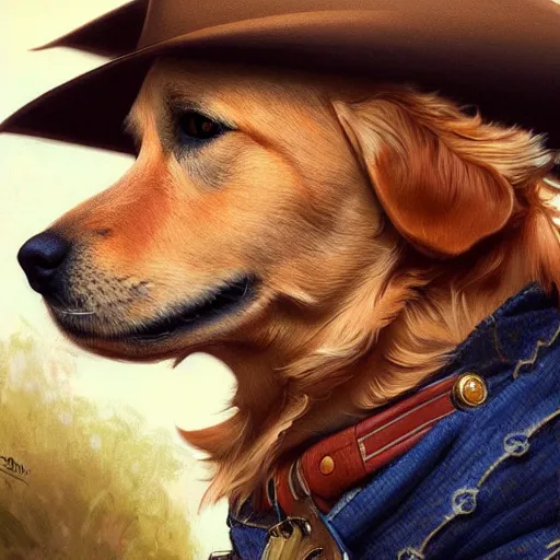 Prompt: Golden Retriever dressed as a Cowboy, highly detailed, digital painting, artstation, concept art, smooth, sharp focus, illustration, art by artgerm and greg rutkowski and alphonse mucha