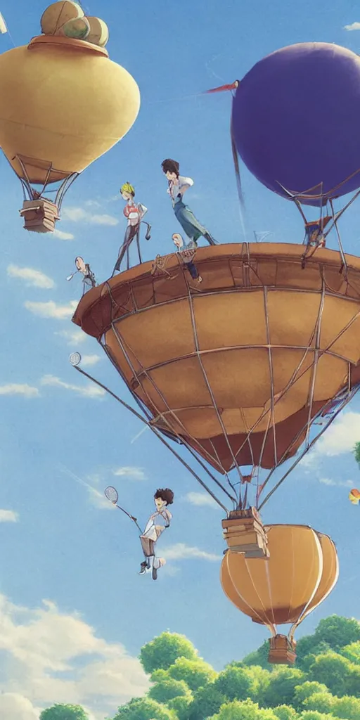 Image similar to An aerial tennis court, suspended by a giant tennis ball-shaped hot air balloon, Castle in the Sky style, by Miyazaki Hayao