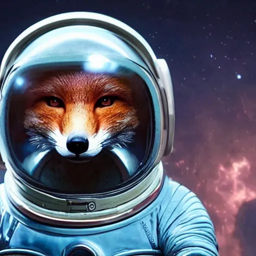 Prompt: An anthropomorphic fox wearing a space suit, 4k sci fi movie still, retrofuturism
