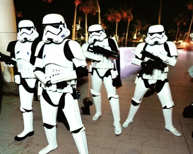 Prompt: stormtroopers partying hardy on spring break, miami beach, 2007, disposable camera photo, cdx