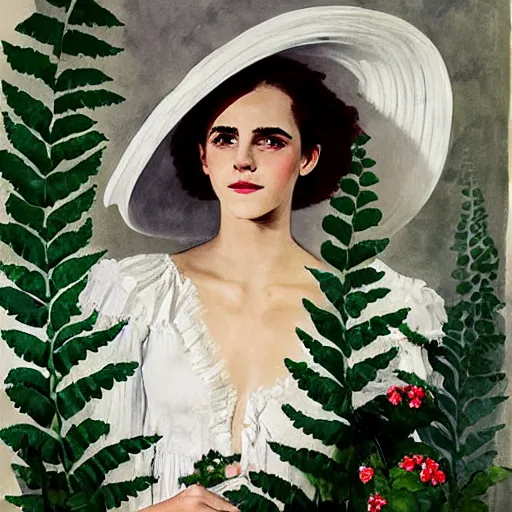 Image similar to painting on wall full body fashion model emma watson by Winslow Homer smokey eyes makeup eye shadow fantasy, glow, shimmer as victorian woman in a long white frilly lace dress and a large white hat having tea in a sunroom filled with flowers, roses and lush fern flowers ,intricate, night, highly detailed, dramatic lighting , high quality