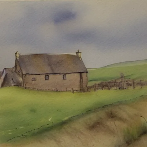 Prompt: A farmhouse on a windswept moor in Yorkshire, watercolour, beautiful