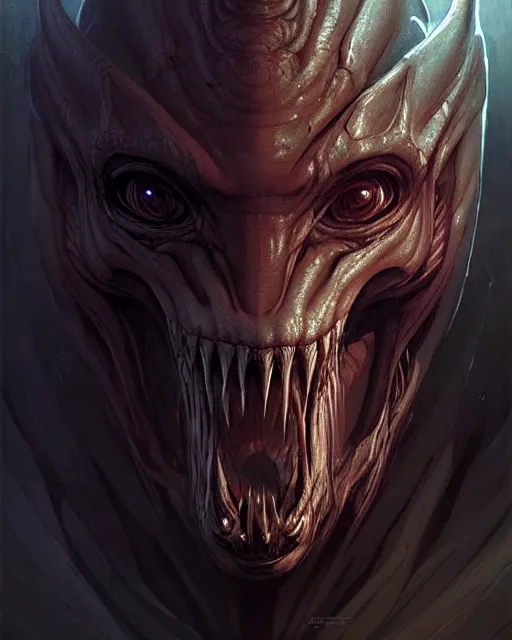 Image similar to professional concept art portrait of a predatory alien species in a dark room by artgerm and greg rutkowski. an intricate, elegant, highly detailed digital painting, concept art, smooth, sharp focus, illustration, in the style of cam sykes, wayne barlowe, igor kieryluk.