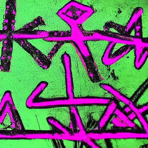 Prompt: fluo green cave painting of crosses and ufos