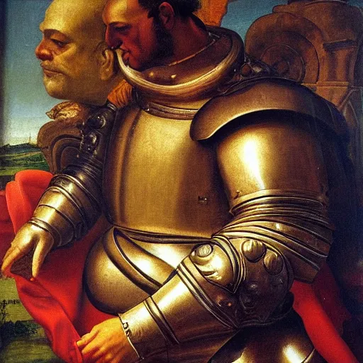 Image similar to a realistic painting by Raffaello Sanzi depicting the knight in shining armor with the head of the Blob in the Renaissance.