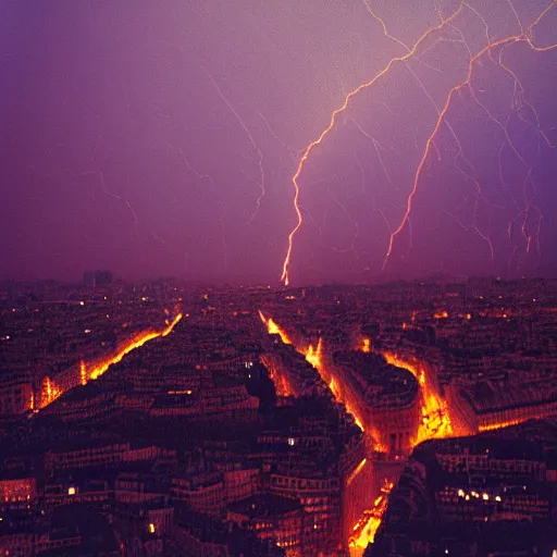 Prompt: 100mm photo of Paris France being lit on fire by massive lightning bolts at night shot on 35mm film