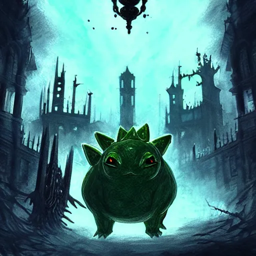 Image similar to Bulbasaur in style of Bloodborne. Concept art, cosmic horror.