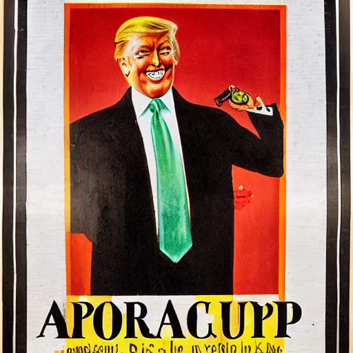 Prompt: a colorful 1920s propaganda poster of Donald trumps face looking at the camera, only his face, mosaic, high contrast, norman Rockwell,