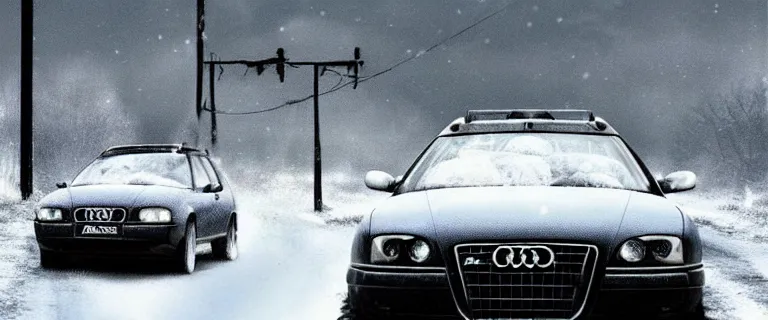 Image similar to Audi A4 B6 Avant (2002), a gritty neo-noir, dramatic lighting, cinematic, eerie person, death, homicide, homicide in the snow, gunshots, establishing shot, extremely high detail, photorealistic, cinematic lighting, artstation, by simon stalenhag, Max Payne (PC) (2001) winter New York at night, In the style of Max Payne 2 graphic novel, flashing lights, Poets of the Fall - Late Goodbye