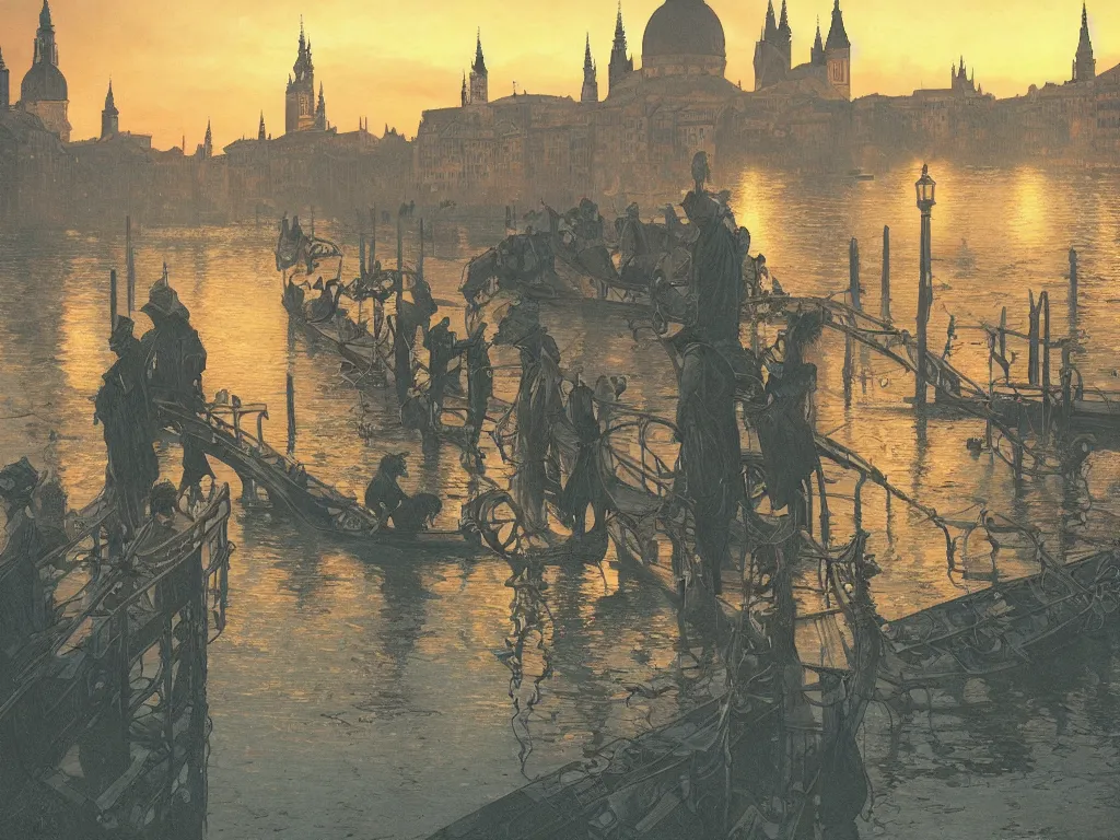 Image similar to a view from the river of a city resembling prague, paris, and venice at dusk, intricate, elegant, highly detailed, digital painting, artstation, concept art, smooth, sharp focus, colored illustration for tattoo, art by krenz cushart and artem demura and alphonse mucha,