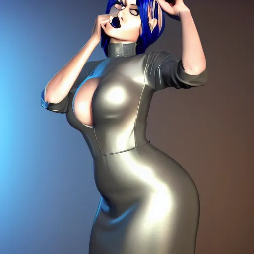 Prompt: a feminine curvy pale hot goth sweetie wearing a royal blue-silver-gold-black latex-nylon high-neck dress, dark eyeshadow, eyelashes, cgsociety, photorealistic, sublime-hyperadvanced-amorous ambience, 16k, smooth, sharp focus, trending on ArtStation, volumetric lighting, fully clothed, thin waist