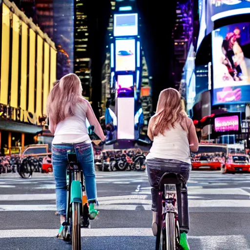 Prompt: two whitw unicorns riding bikes in time square, photoreal