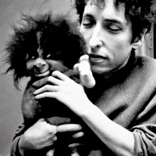 Image similar to bob dylan cradling a fat goblin like a baby, photograph, 1 9 6 5