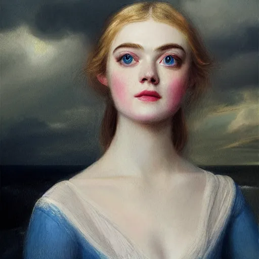 Prompt: professional painting of Elle Fanning in the style of Thomas Lawrence, head and shoulders portrait, symmetrical facial features, smooth, sharp focus, illustration, intricate, stormy weather, extremely detailed masterpiece,