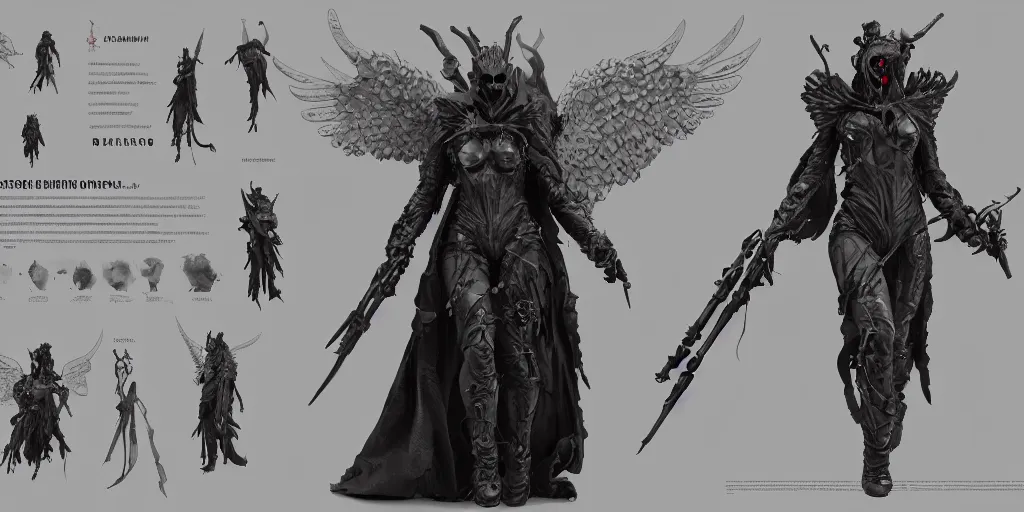 Image similar to the angel of death, character sheet, concept design, contrast, hot toys, kim jung gi, greg rutkowski, zabrocki, karlkka, jayison devadas, trending on artstation, 8 k, ultra wide angle, pincushion lens effect