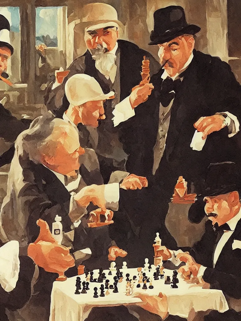 Prompt: painting of hercules poirot and sherlock holmes play chess