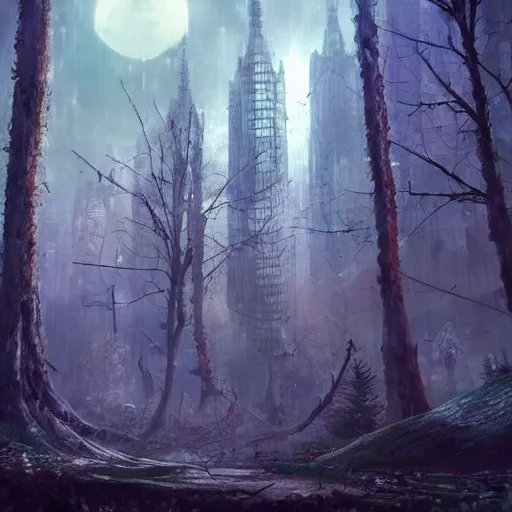 Prompt: a city high in a fairy tale forest in the style of cyberpunk in the style of dark fantasy art Trending on artstation DeviantArt Pinterest Photorealistic HD 8k highlights and shadow detailed High Resolution