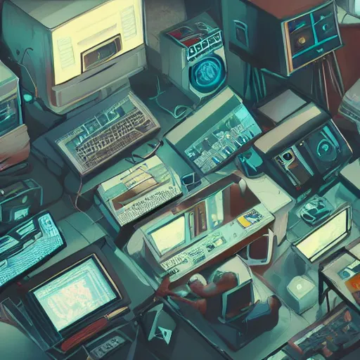 Prompt: aerial view of a guy in his bedroom surrounded by electronics computers food video games, faded effect, highly detailed, digital painting, artstation, concept art, soft light, sharp focus, illustration
