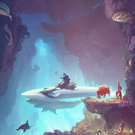 Image similar to Astronauts and some mythical animals are swimming under a sea, this is an extravagant planet with wacky wildlife, the background is full of ancient ruins, by Jordan Grimmer digital art, trending on Artstation,