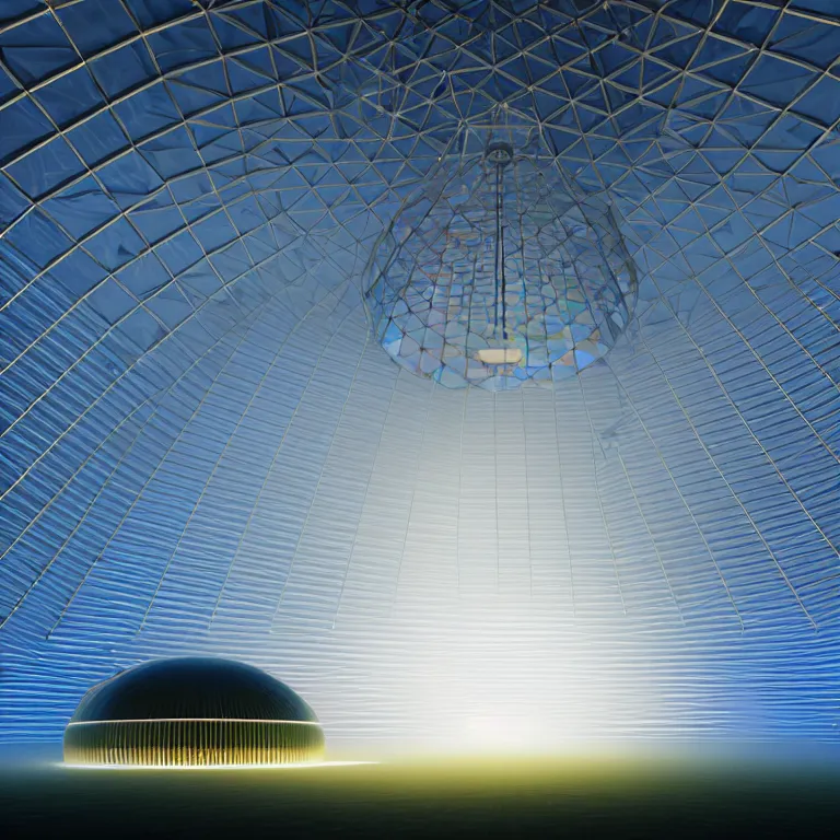 Image similar to an immaculate volumetric path tracing lighting render of a of beautiful iridescent large geodesic dome device at the center of a vast modern datacenter, fog, god rays, and nixie tubes by Zdzisław Beksiński and beeple, beautiful modern colors, ultradetailed, 4k ultra