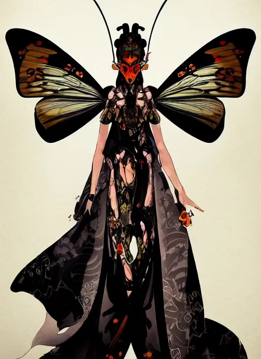 Prompt: portrait of an anthropomorphic butterfly with insect face in silk ornate robe. in style of yoji shinkawa and hyung - tae kim, trending on artstation, dark fantasy, great composition, concept art, highly detailed, dynamic pose, vibrant colours.