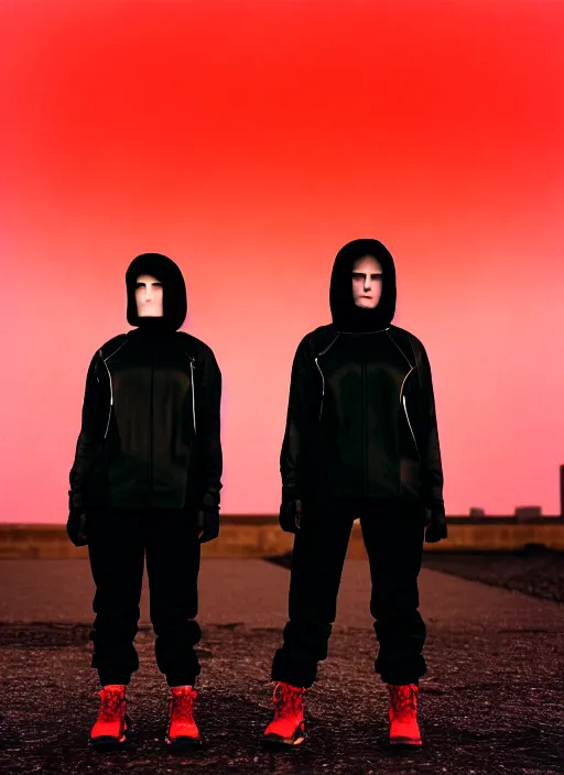 Prompt: cinestill 5 0 d photograph of 2 women wearing black techwear in front of a brutalist sharp - edged metal building, closeup, on a desolate plain with a red sky, dystopia, cyberpunk, 4 k, 8 k, depth of field, high resolution, realistic faces, hd, raw