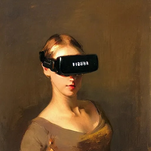 Prompt: a painting of a woman wearing vr goggles by repin.