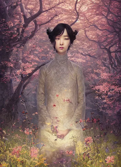 Prompt: Lee Jin-Eun by Andrew Ferez, rule of thirds, seductive look, beautiful, in intergalactic HQ with sakura trees