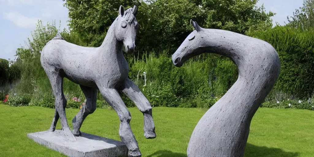 Image similar to art magazine photo, folk art garden sculptures in an english cottage garden, concrete sculpture of a horse, sculpture by wouterina de raad!!!, art by james tellen, highly detailed, realistic anatomical proportions, textured hand built concrete sculpture, amazing concrete sculpture, 4 k