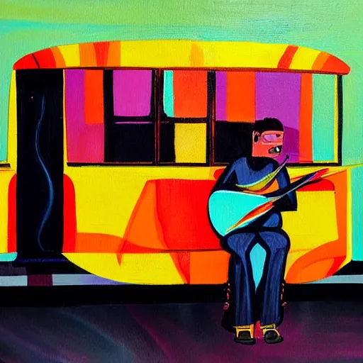 Image similar to guy listening to music bus stop notes colorful painting