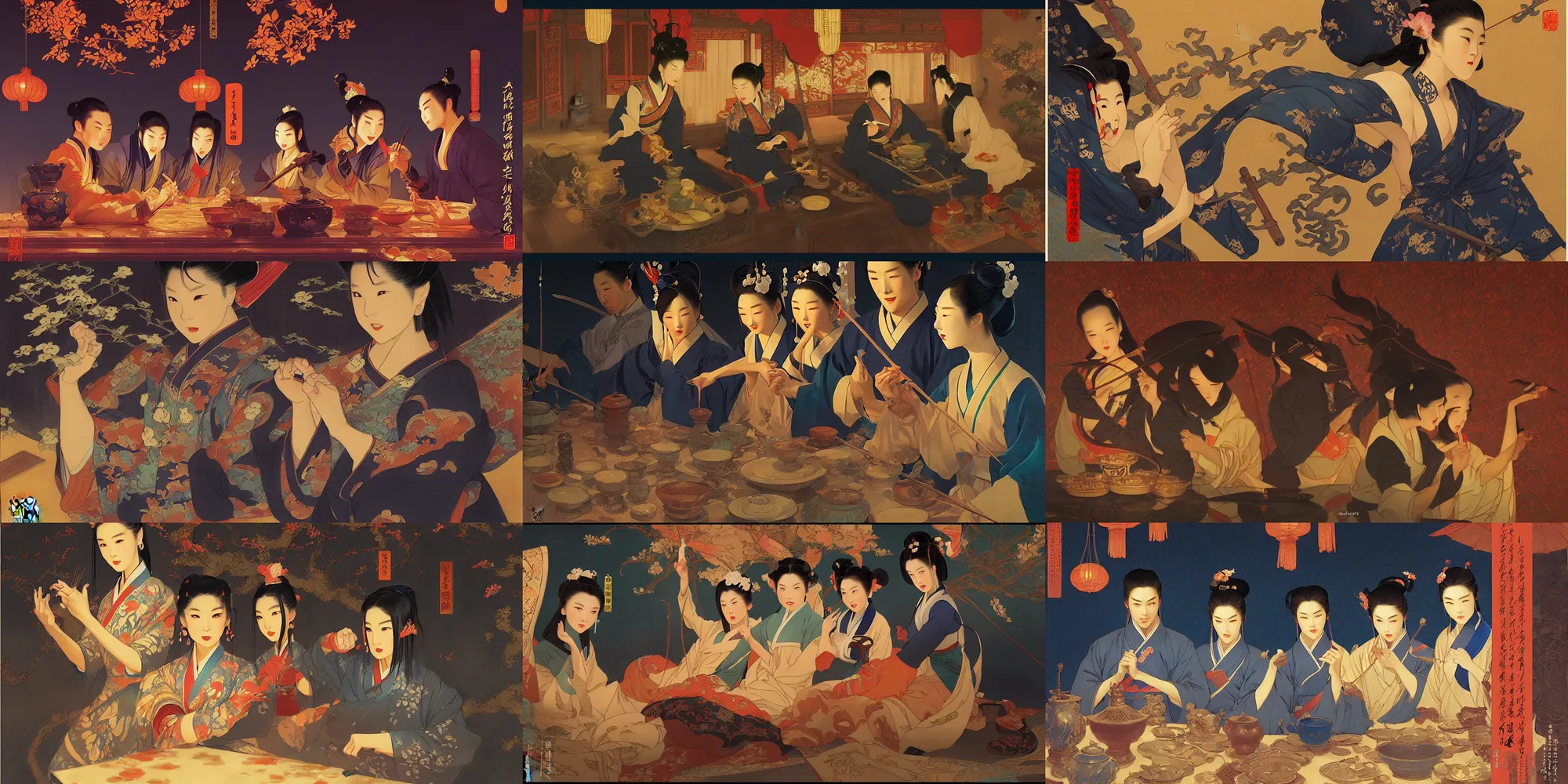 Prompt: ming dynasty, night, in the style of studio ghibli, j. c. leyendecker, greg rutkowski, artem