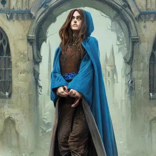 Image similar to a female wizard with brown hair wearing a blue hood and blue robe exploring a dark and sinister medieval village, fantasy, highly detailed, digital painting, artstation, concept art, character art, art by greg rutkowski and tyler jacobson and alphonse mucha