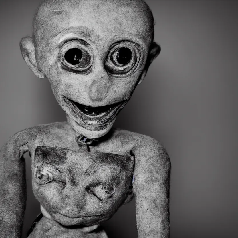 Image similar to creepy ventriloquist dummy in the style of roger ballen, 4 k, bw, portrait