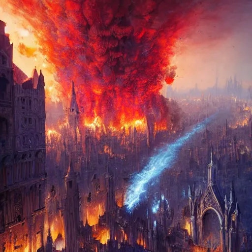 Image similar to A hyper detailed painting of a medieval city being bombarded with flaming rocks, a blue fire tornado in the centre of it destroying the city, dark fantasy, by Greg Rutkowski, trending on artstation