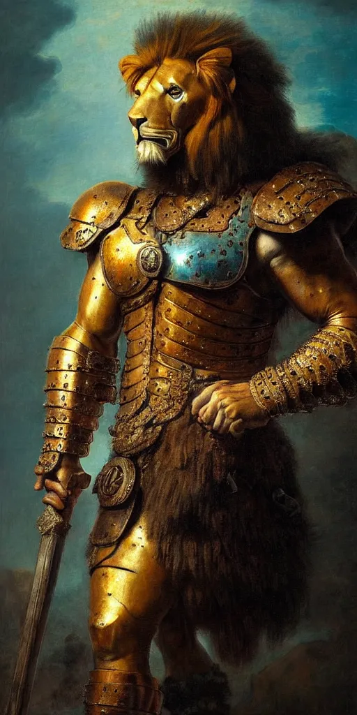 Prompt: close up of muscular lion barbarian hunter iron man armor full body in portrait pose, sun rays , small bird sihouettes in cyan background , very textured detailed oil painting by rembrandt , hard backlight , in dark cave