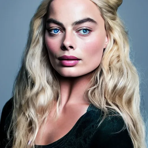 Image similar to A mix of margot robbie and khaleesi, portrait, highly detailed, professional photograph, studio lighting, sharp, 8k, HD