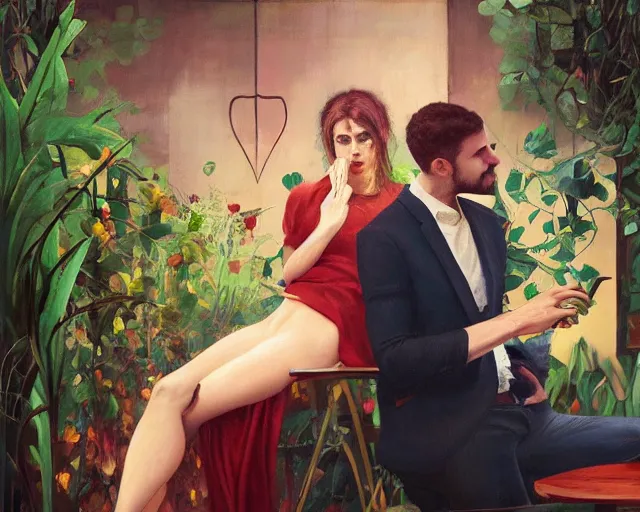 Prompt: an excited couple redefining love in a caffe surrounded by plants, expressionist painting by Francis Bacon, tom bagshaw, mark rothko, artstation