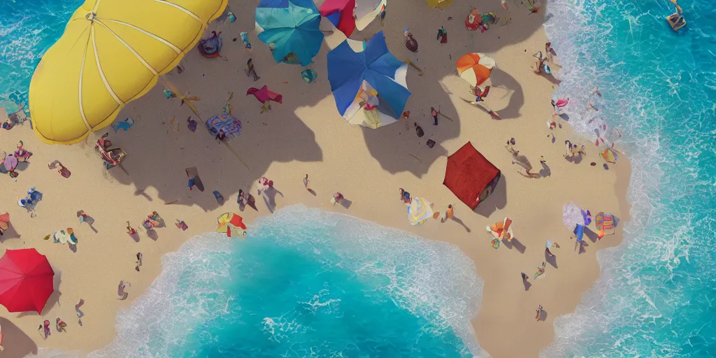 Prompt: a film still of a sunny, windy and colourful beach scene in santa monica, los angelos, aerialshot, wes anderson, studio ghibli, pixar and disney animation, sharp, rendered in unreal engine 5, anime key art by greg rutkowski, bloom, dramatic lighting