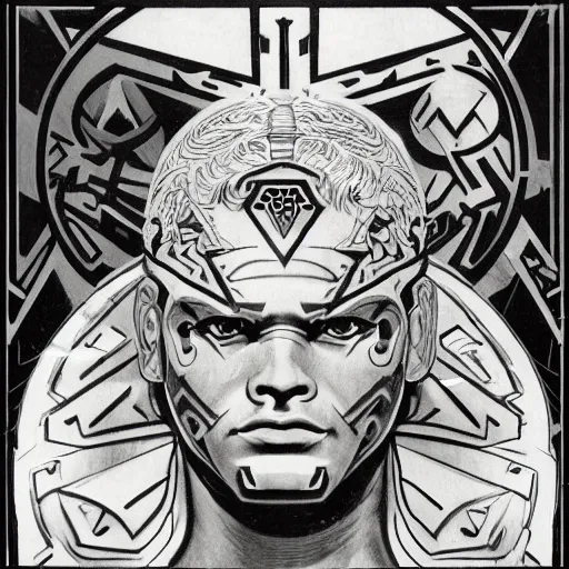 Image similar to majestic, hulking albino clone with engineering diagram tattoos on forehead and rough features, angular steel power armor carved with geometric aztec art deco patterns, on battlefield with strange coiled, spiral clouds, 1 9 7 0 s science fiction concept art photograph by deak ferrand, alphonse mucha, greg rutkowski and carvaggio