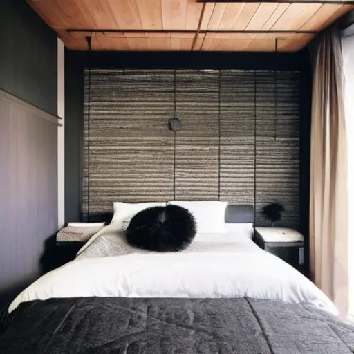 Image similar to bedroom, stone, interior design, stylish luxury hotel bedroom design, yakisugi, black vertical slatted timber, textures, feminine, black walls, art, Japanese pottery vase with flowers, kakejiku, seasonal, Japanese influences