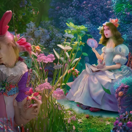 Image similar to alice in wonderland, art nouveau, by rachel ruysch and lisa frank, 8 k, sharp focus, octane render