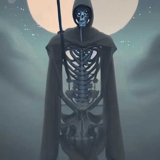 Image similar to 3 d studio ghibli style grim reaper, in beautiful night sky background, anatomical skeleton, in black hood, silver scythe, concept art, beautiful, anime style, octane render, cycles, high definition, night lighting