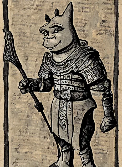 Image similar to medival scroll illustration of a Shrek in armour from Shrek the movie, fine detail, copperplate